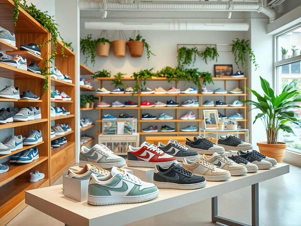 A display of various sneakers arranged on a table, with shelves of more shoes in a stylish store setting.