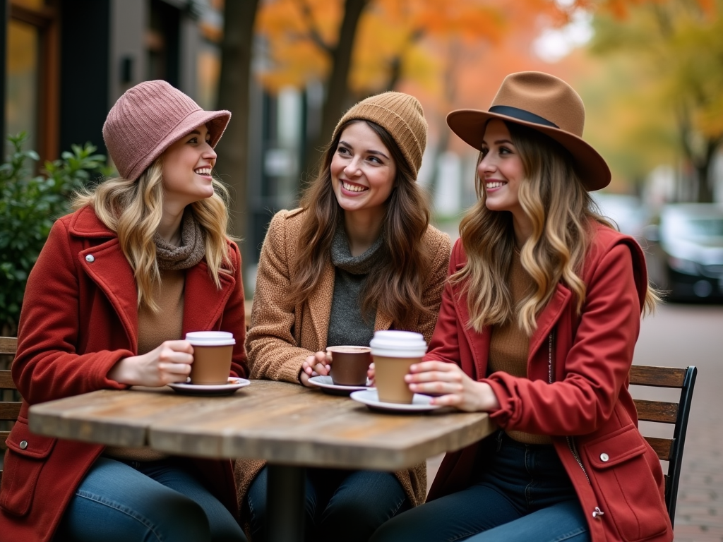 Three women enjoying coffee outdoors, laughing together in a cozy autumn setting.