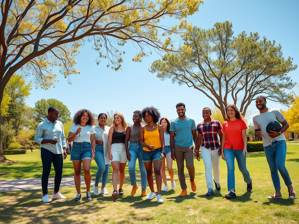 A diverse group of people smiles and walks together on a sunny day, surrounded by green trees and grass.