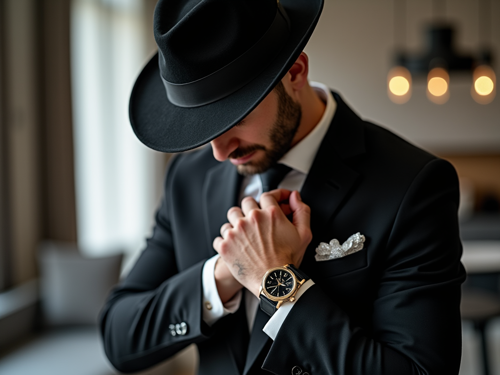 Man in suit and hat adjusting cufflink, elegant watch visible.