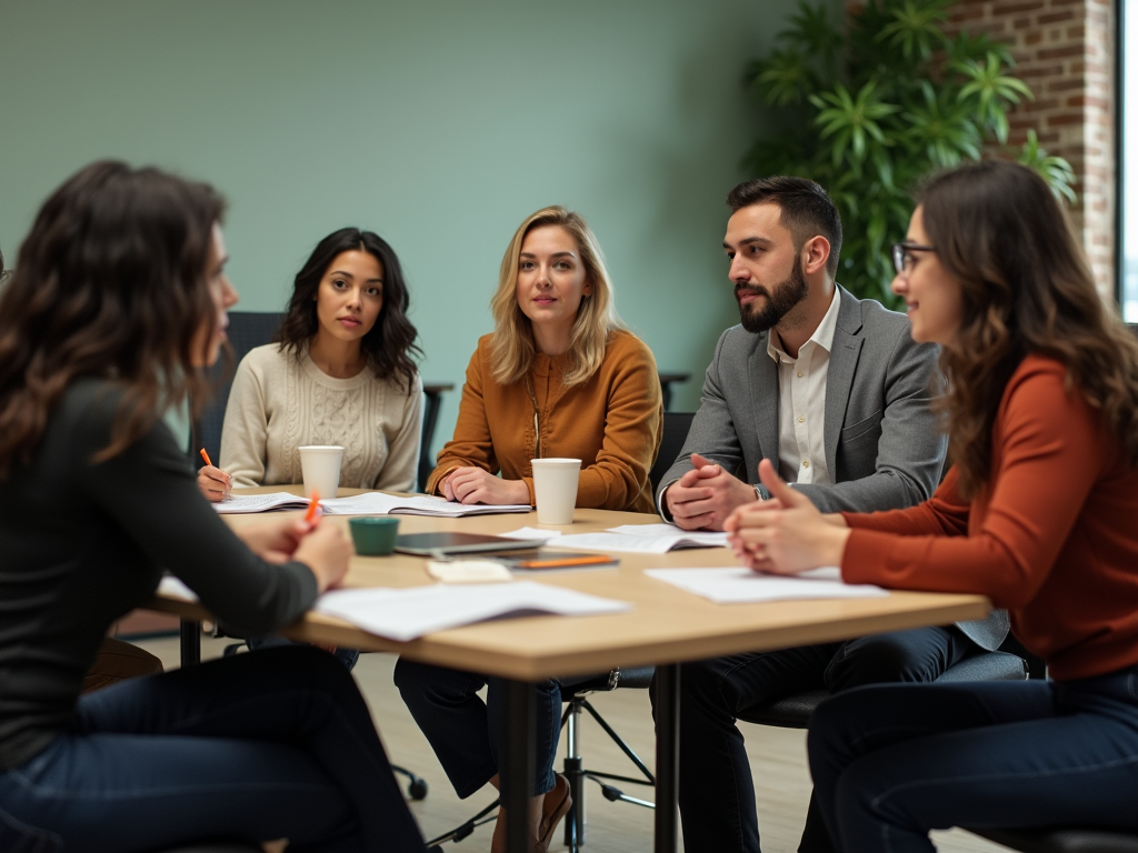 Five professionals discussing around a table in a modern office setting.