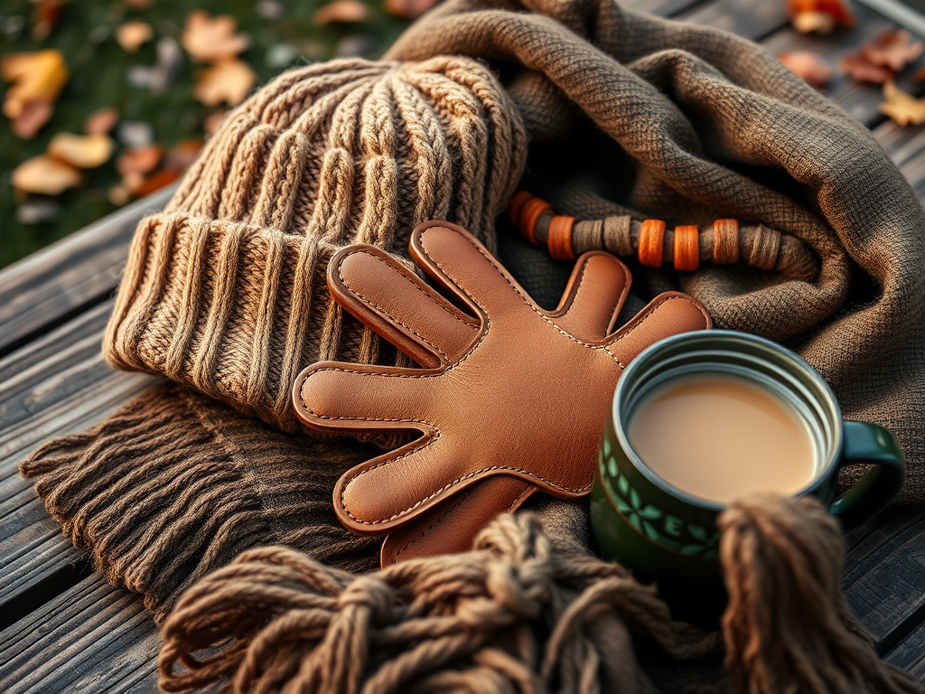 A cozy winter scene featuring a knitted hat, leather gloves, a warm scarf, and a mug of coffee on a wooden table.