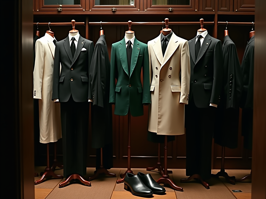 Elegant suits and overcoats on mannequins in a luxurious wooden wardrobe.