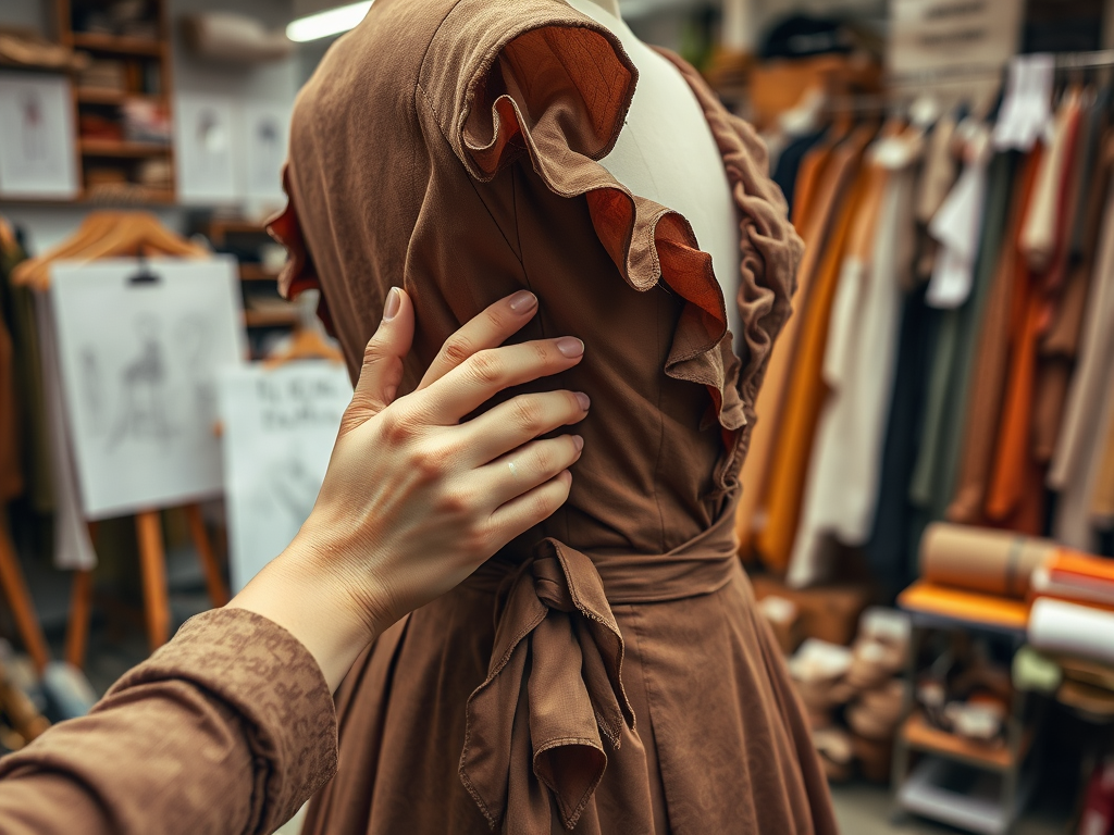 A hand touching a brown dress on a mannequin in a clothing store, surrounded by other colorful garments.