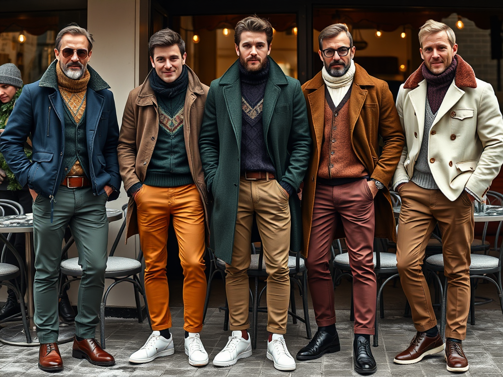 Five stylish men stand together outside a café, showcasing vibrant autumn fashion with trendy coats and sweaters.