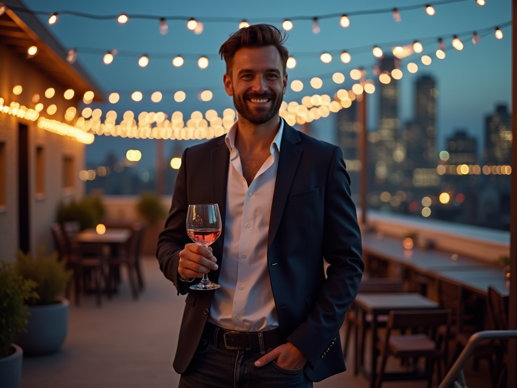 Smiling man holding a glass of wine on a rooftop with string lights at dusk.