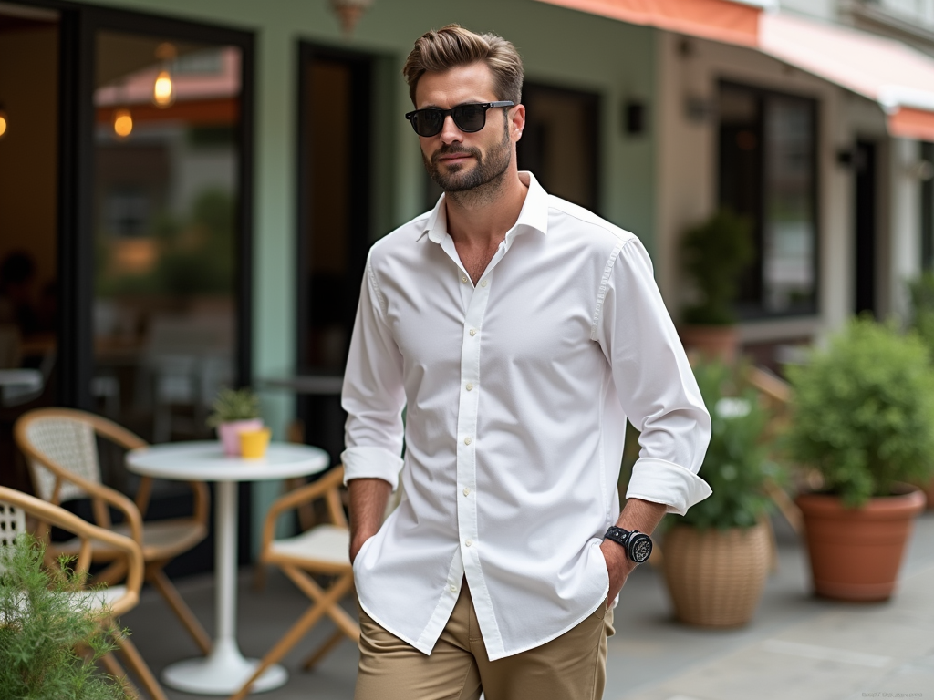 Stylish man in white shirt and sunglasses standing in a café patio area.