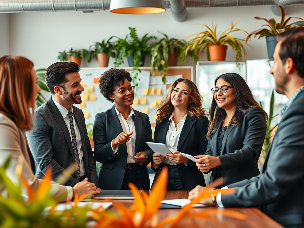 A diverse group of professionals smiles and interacts in a modern office setting filled with plants.