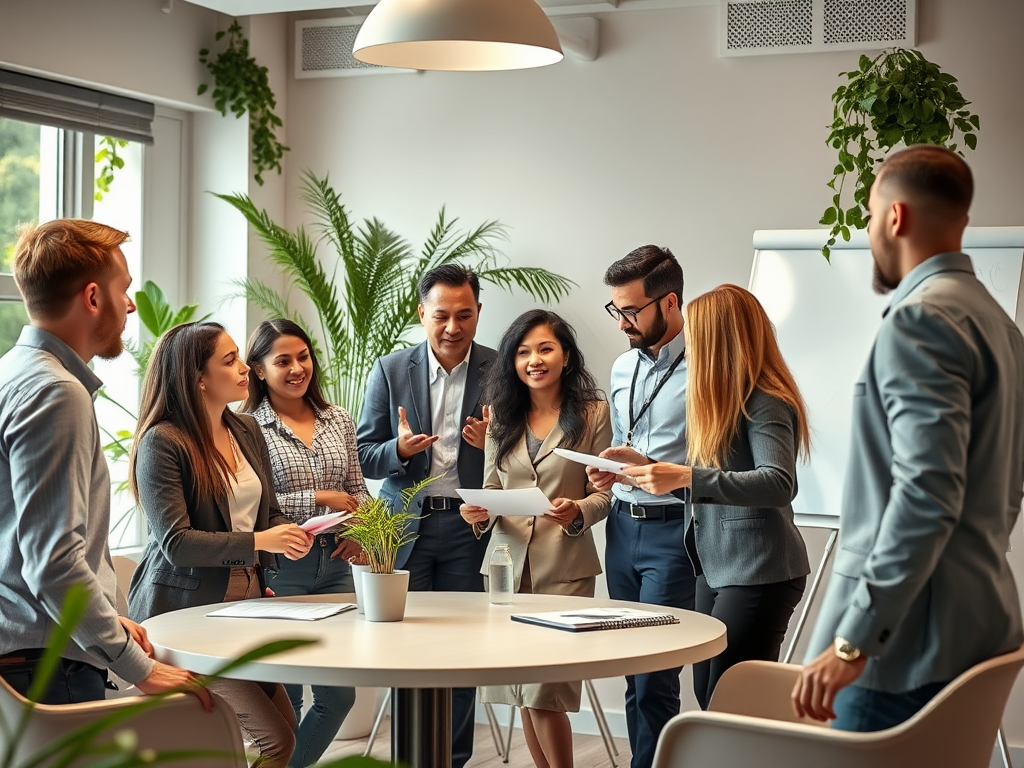 A diverse group of professionals engage in discussion around a table in a bright, modern office setting.