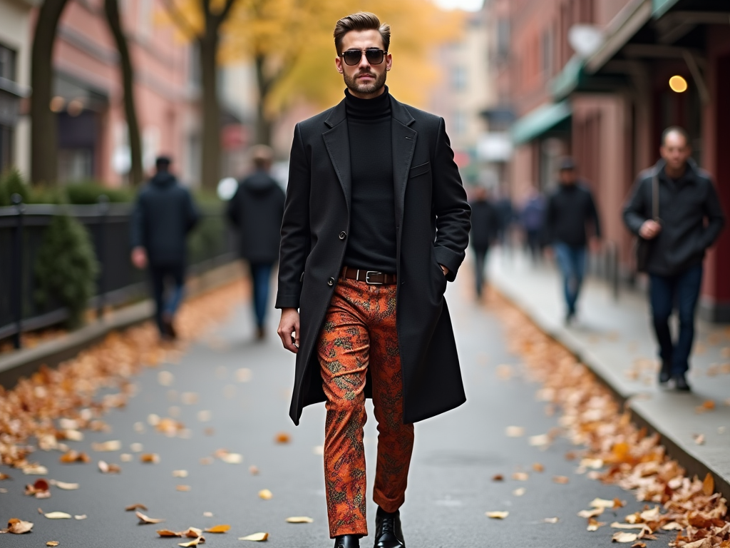 Man in stylish autumn attire with patterned pants walking on a leaf-covered sidewalk in the city.