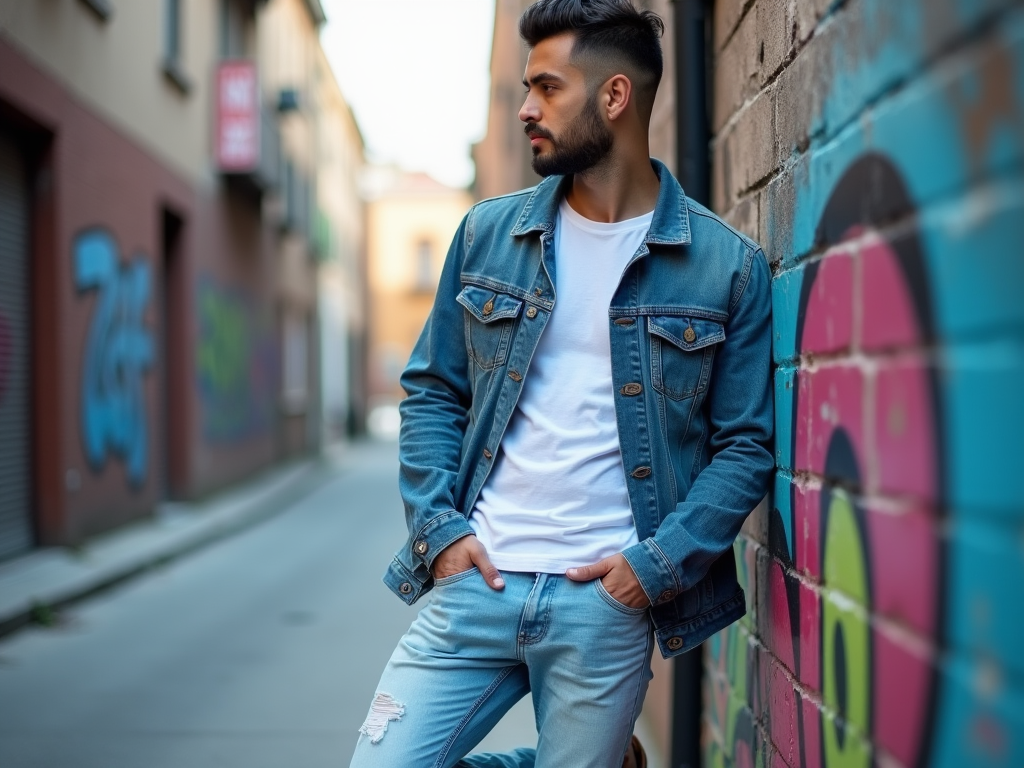 Man in denim leaning against a colorful graffiti wall on a sunny day.