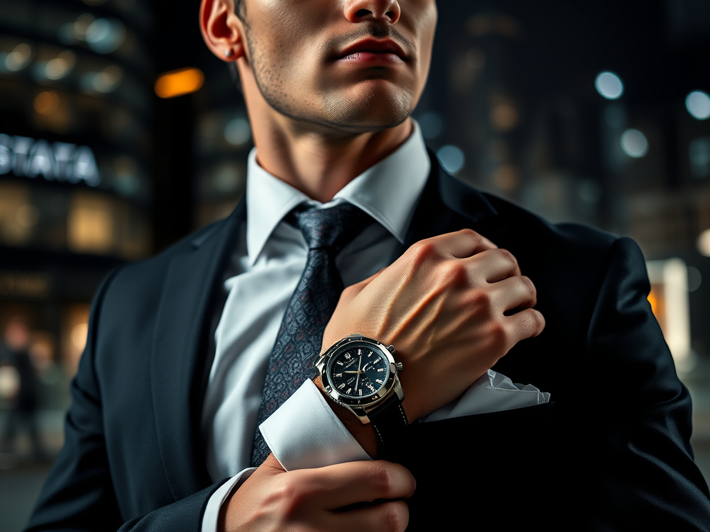 A well-dressed man in a suit adjusts his cuff while showcasing a stylish watch, with a city backdrop at night.