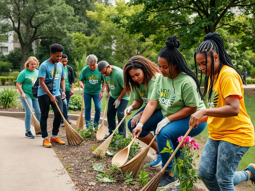 A group of people in colorful shirts gardening, using brooms to clear and care for flower beds in a park setting.