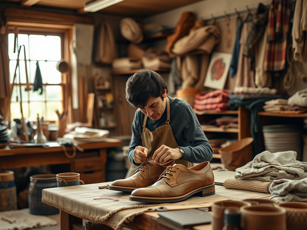 A young man in an apron carefully crafts brown leather shoes in a cozy workshop filled with tools and materials.