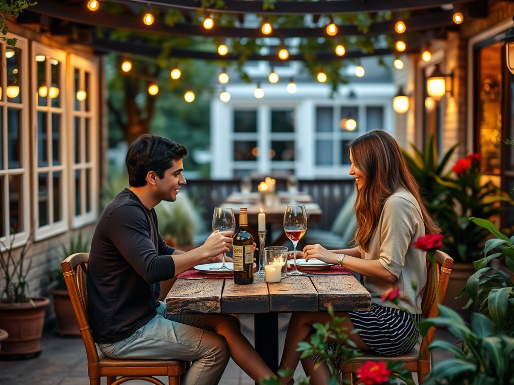 A couple enjoys a romantic dinner outdoors, surrounded by soft lights and plants, smiling and chatting at a table.