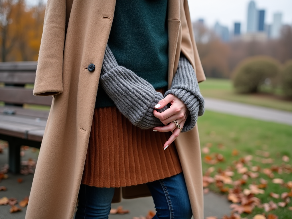 Woman in coat and knitted gloves, close-up of midsection, urban park background.