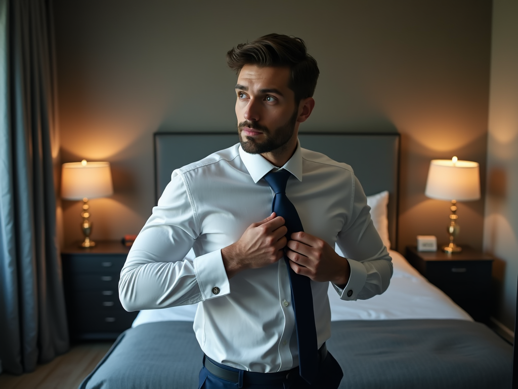 Man in a bedroom adjusting his tie, looking pensive.