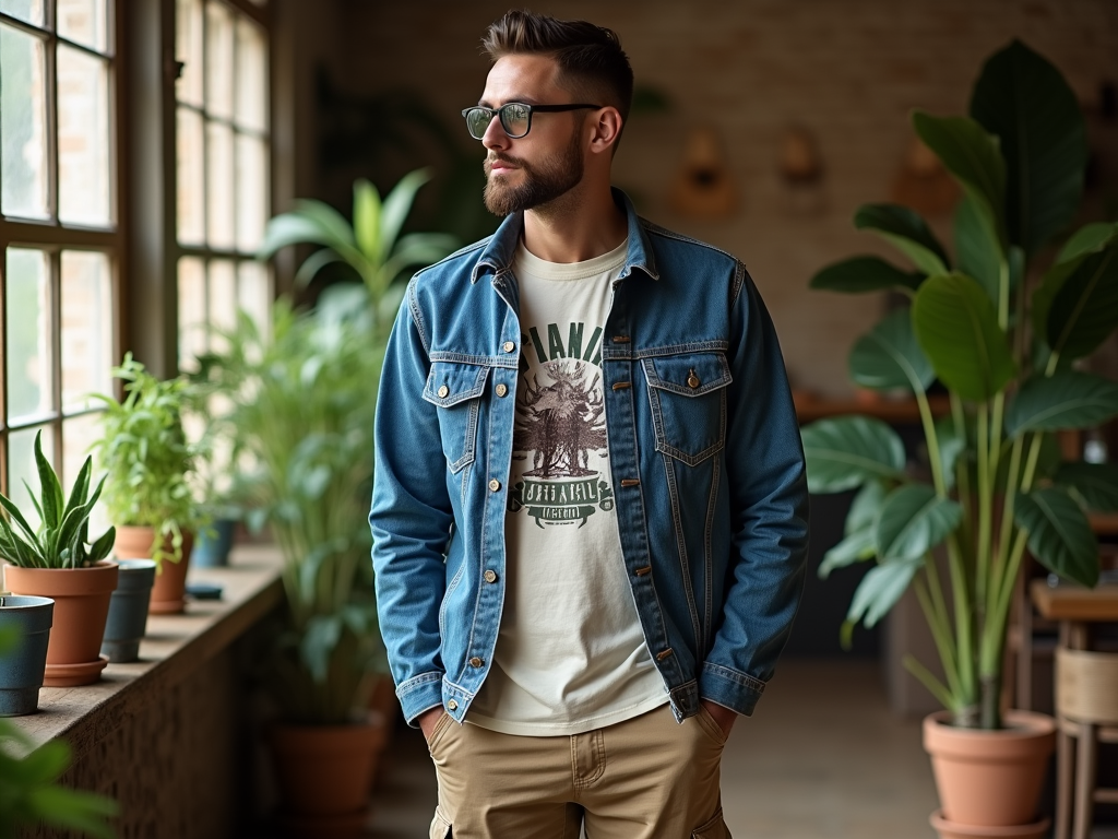 Stylish man in denim jacket and glasses standing indoors surrounded by plants.