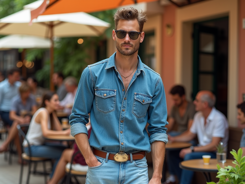 Stylish man in denim outfit and sunglasses stands confidently in a busy outdoor café.