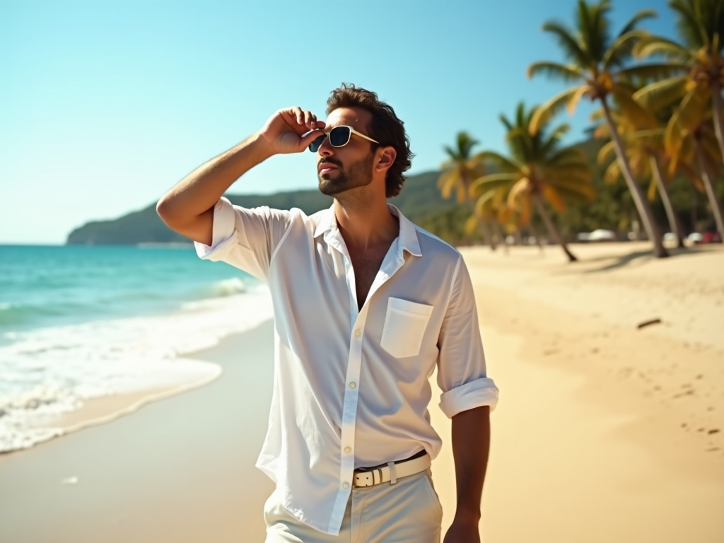 Man in white shirt adjusting sunglasses on sunny beach with palm trees.