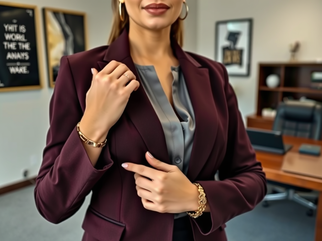 A woman in a burgundy blazer and gray blouse poses confidently in an office setting, showcasing her jewelry.