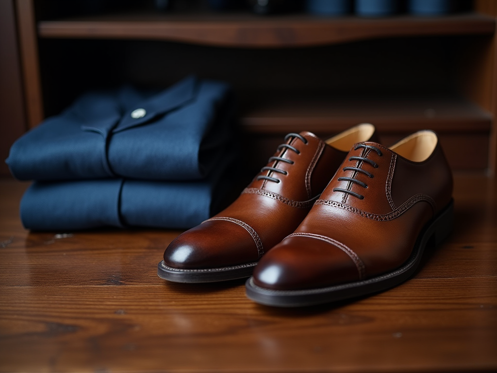 Brown leather dress shoes in focus, with a folded navy suit in the background.