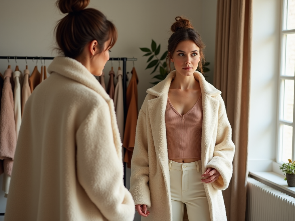 Woman in cream coat trying outfits in front of mirror in boutique-style room.