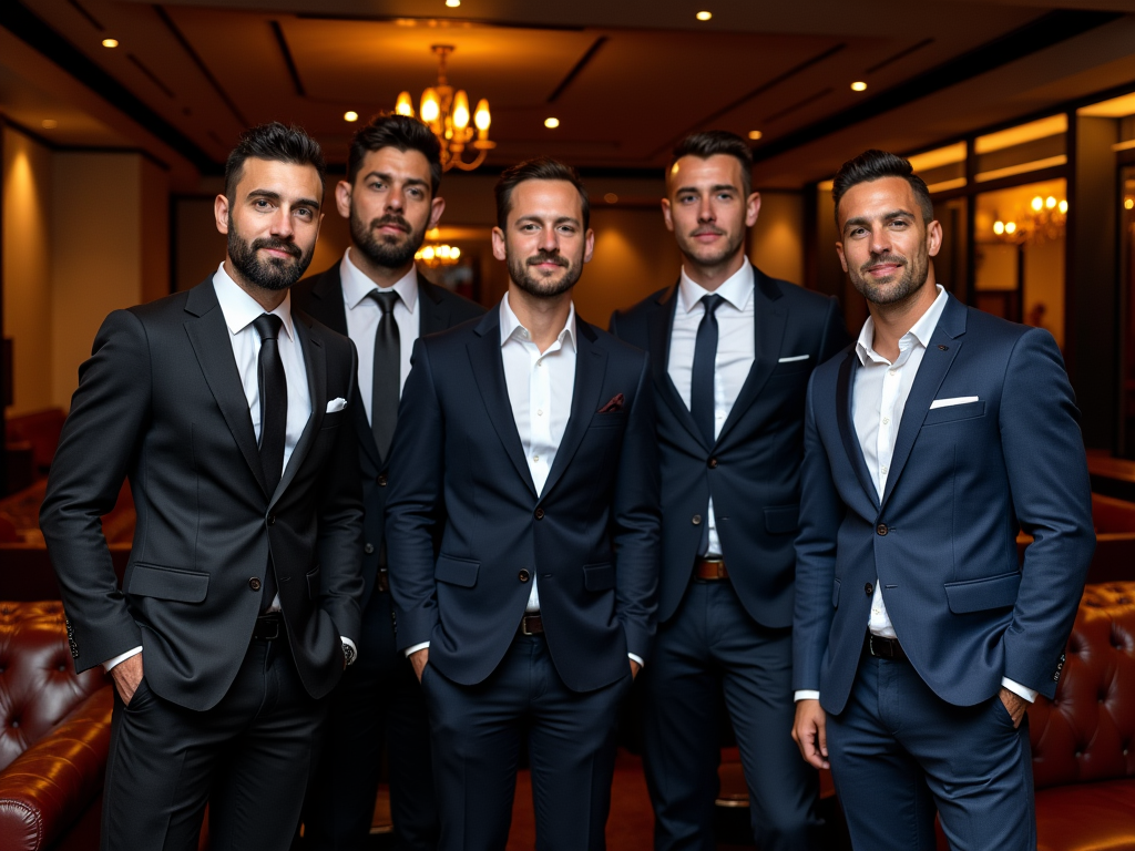 Five men in matching suits posing for a photo in a luxurious room with chandeliers.