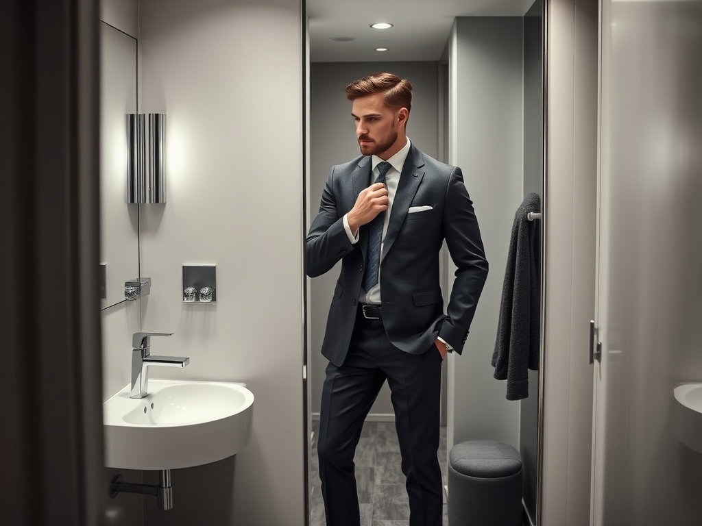 A well-dressed man in a suit adjusts his tie in a stylish bathroom with modern fixtures and soft lighting.