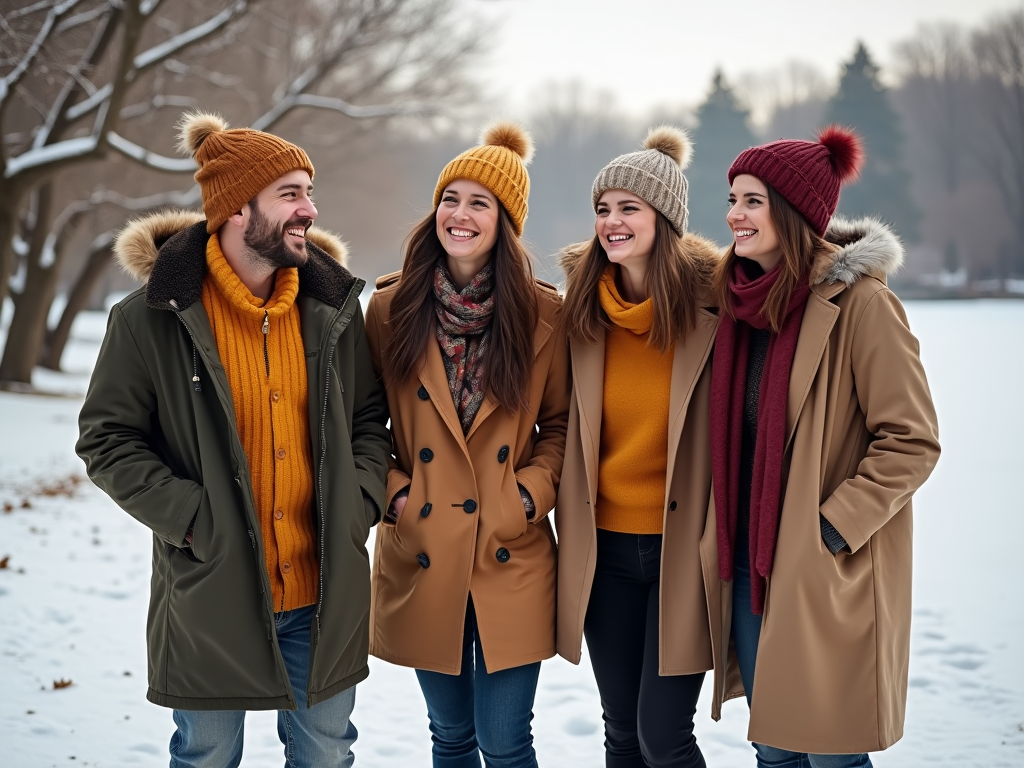 Four friends in winter coats and colorful beanies laugh together in a snowy park.