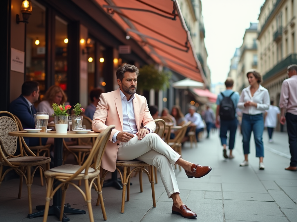 Man in pink blazer sitting at a café table on a bustling city street.