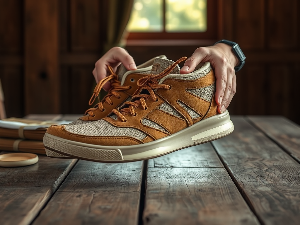 A person holds a stylish brown sneaker over a wooden table, with soft lighting and a warm atmosphere.
