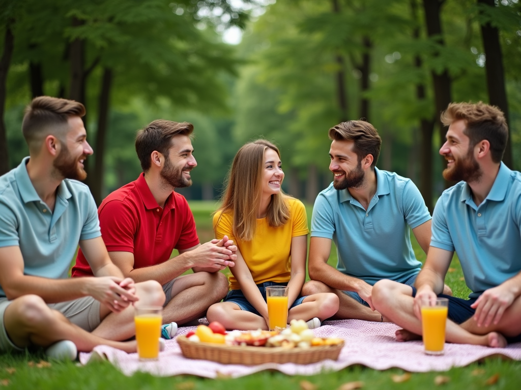 Group of friends enjoying a picnic in a green park, talking and laughing together.