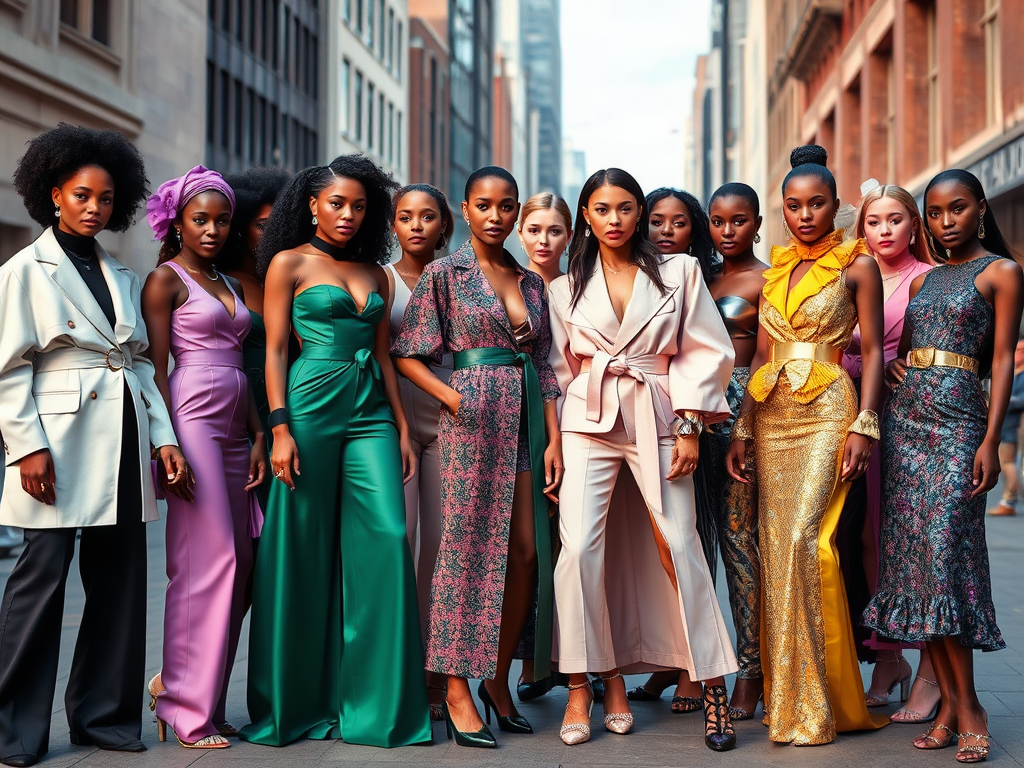 A group of 12 women in colorful dresses posing confidently on a city street, showcasing diverse fashion styles.