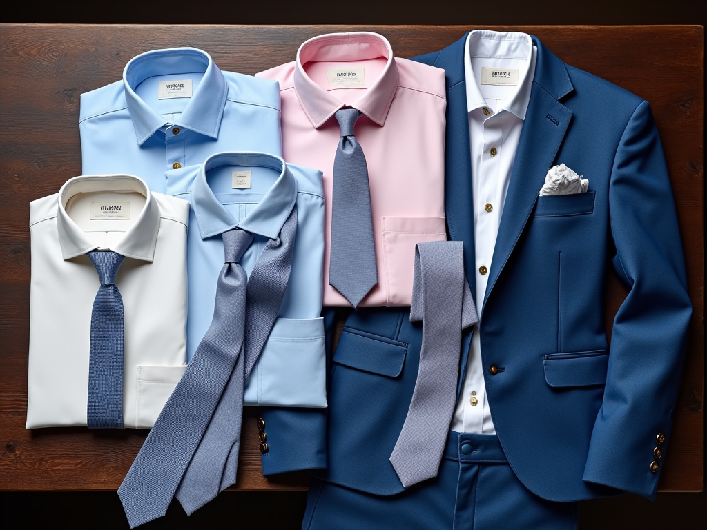 Assorted formal business shirts with ties and a blue suit with a pocket square on a wooden background.