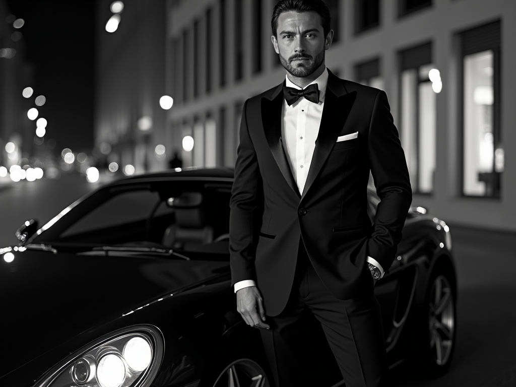 Man in a tuxedo posing by a luxury car on a city street at night.